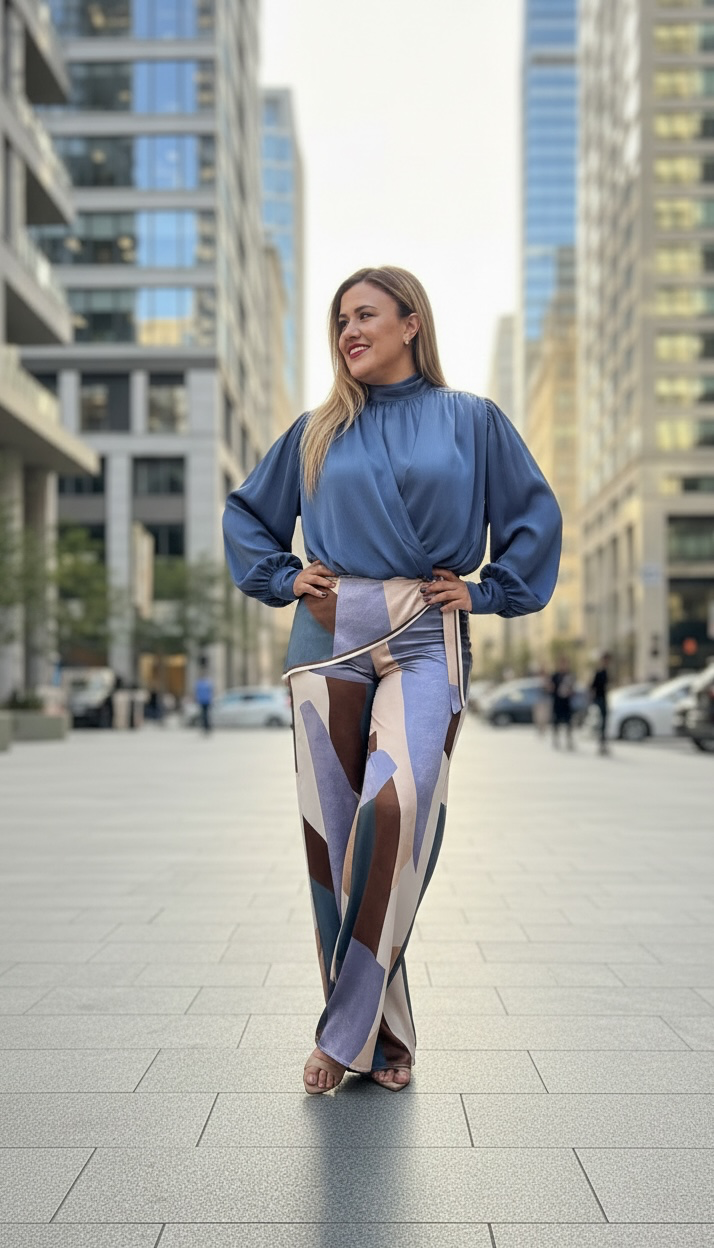 Blusa Satinada Color Turquesa de Manga Larga con Cruzado al Frente