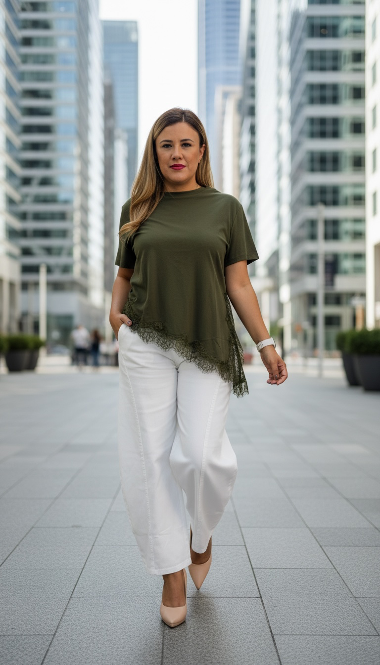 Blusa Color Verde Asimétrica con Aplicación Lencera