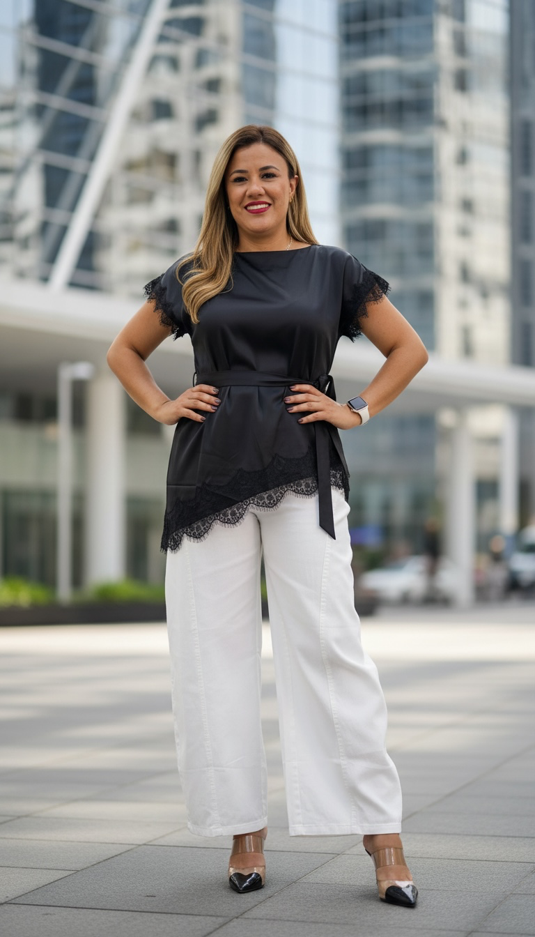 Blusa Negra Satinada sin Mangas con Aplicaciones de Encaje