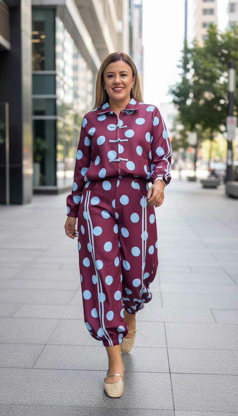 Conjunto Guindo de Chaquetín y Pants Estampado Polka Dots