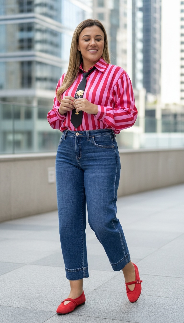 Camisa de Manga Larga Estampado a RayasRojo con Rosa con Corbata Negra con Decorativo