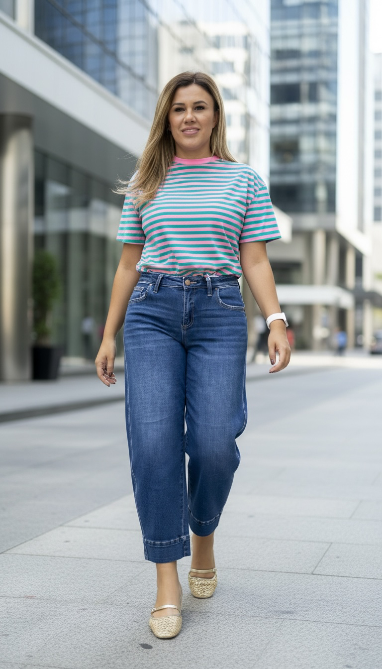 Blusa Estampada a Rayas Rosa con Verde