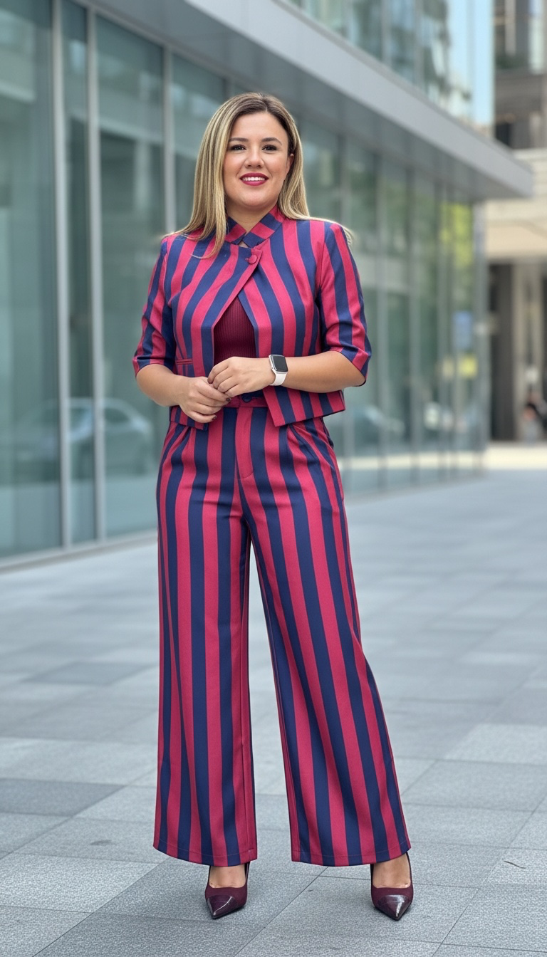 Conjunto Estampado a Rayas Rojo con Azul de Saco Abierto y Pantalón Casual Recto Relaxed