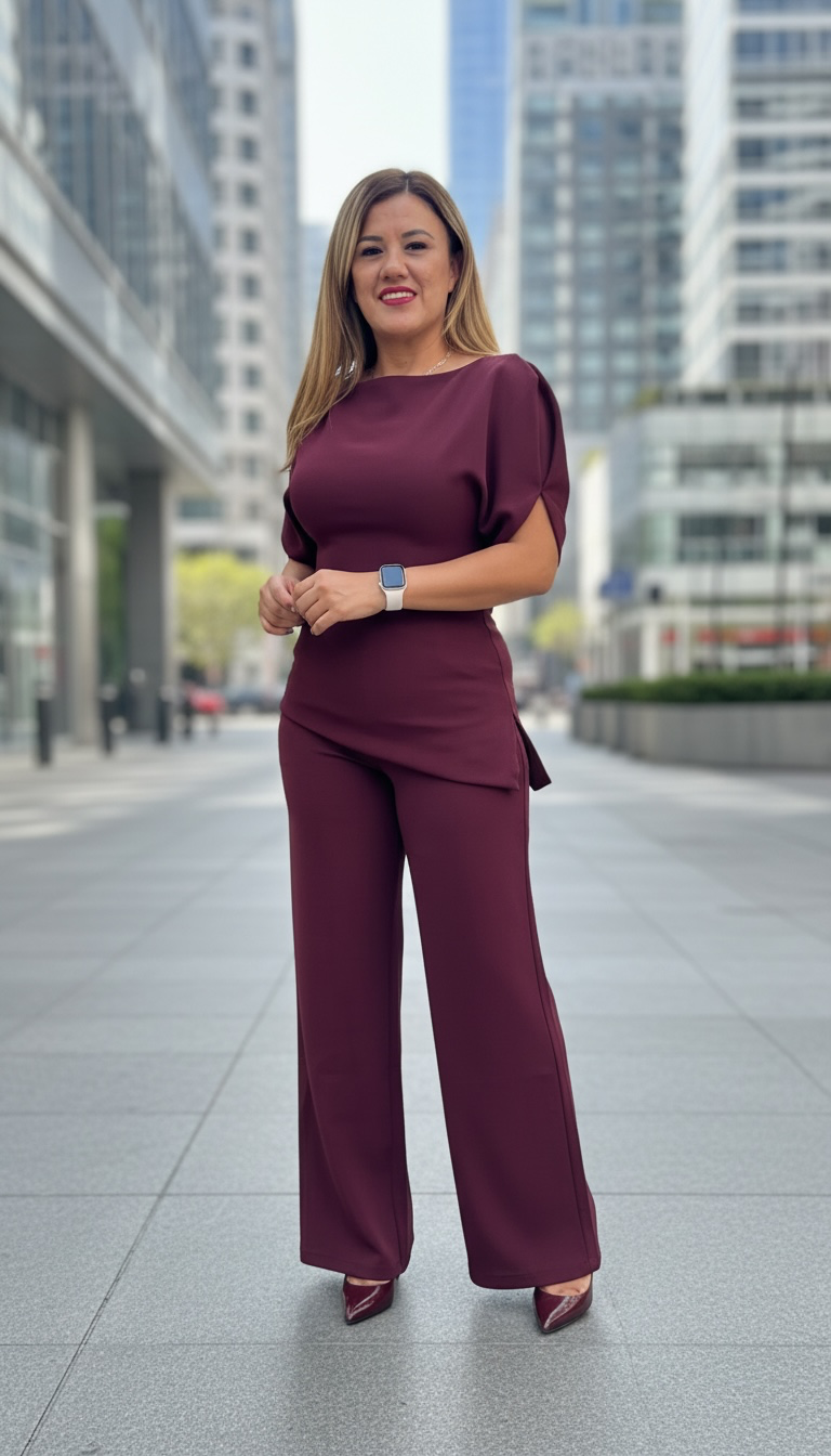 Conjunto Guindo de Blusa Sin Hombros con Pantalón Guindo Corte Recto