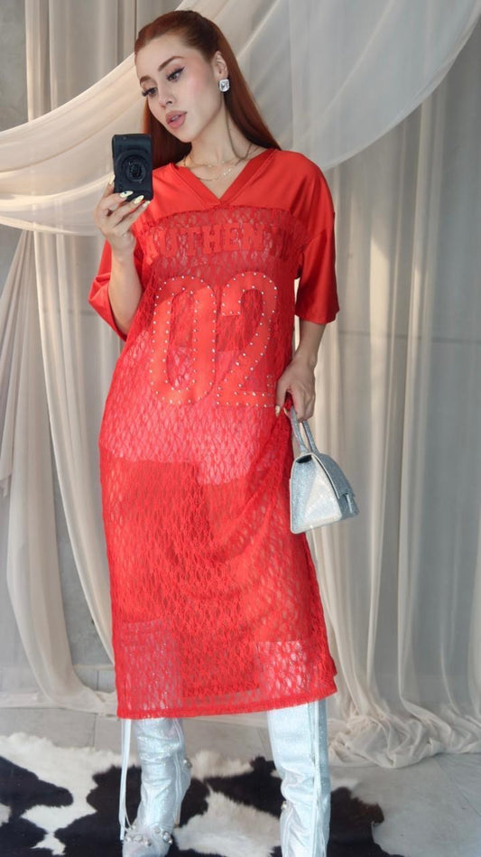Vestido Rojo de Encaje con Estampado 02 con Perlas