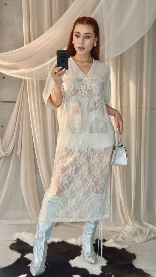 Vestido Beige de Encaje con Estampado 02 con Perlas