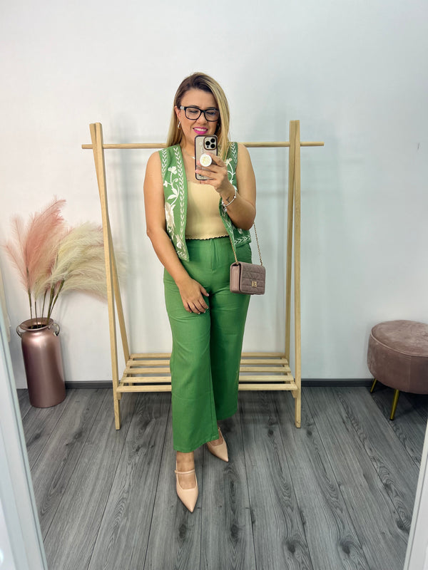 Set de Chaleco Bordado y Pantalón Casual Color Verde en Tela de Lino
